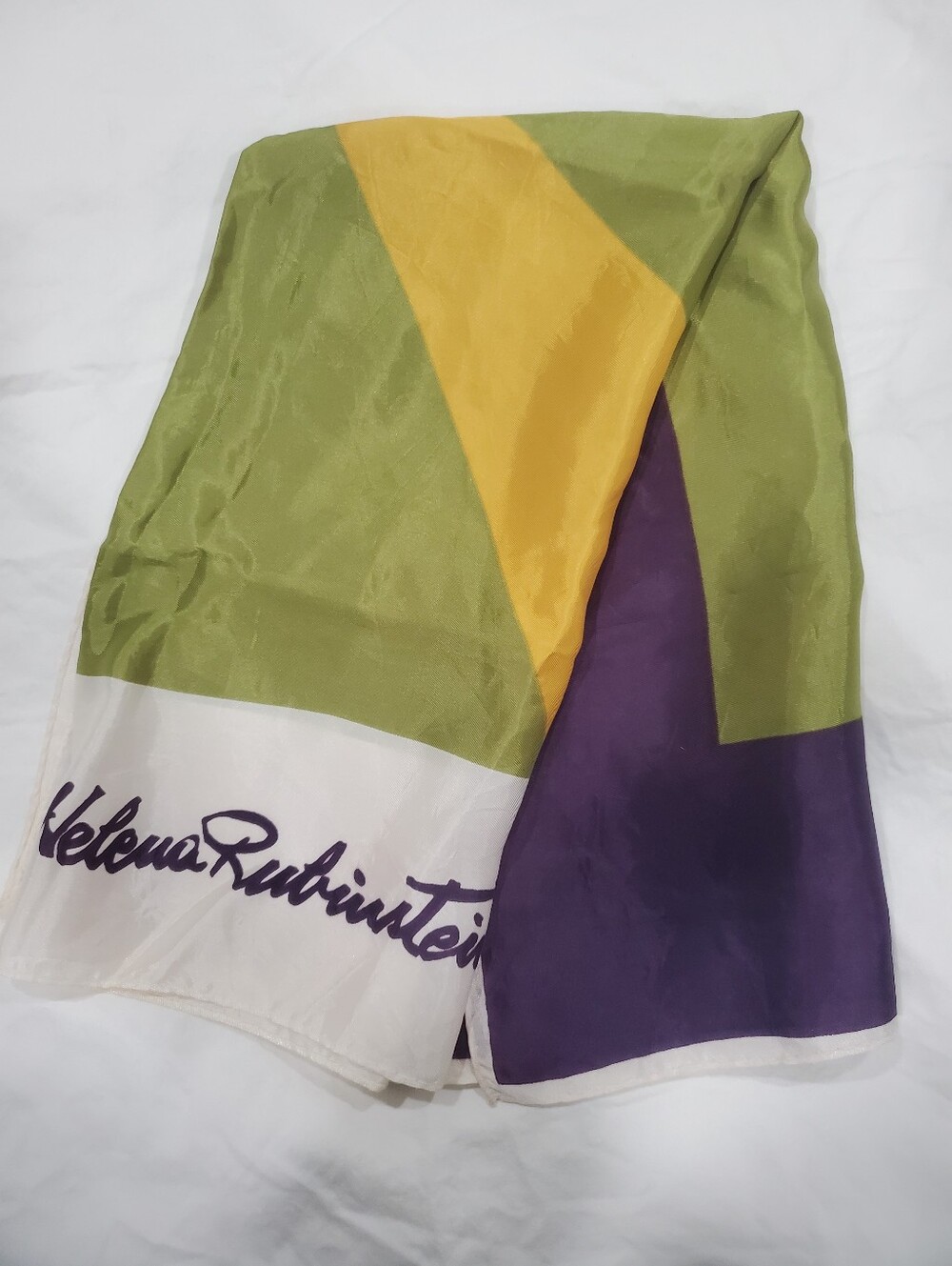 Vintage Helena Rubinstein Signature Scarf 26x26 Square Green Purple Yellow White